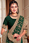 Embroidered Georgette Scalloped Saree in Dark Green
