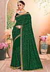 Embroidered Georgette Scalloped Saree in Dark Green