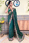 Embroidered Georgette Scalloped Saree in Dark Green