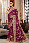 Embroidered Georgette Scalloped Saree in Magenta