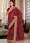 Embroidered Georgette Scalloped Saree in Maroon