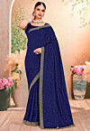 Embroidered Georgette Scalloped Saree in Navy Blue