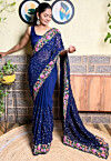 Embroidered Georgette Scalloped Saree in Navy Blue