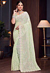 Embroidered Georgette Scalloped Saree in Pastel Green