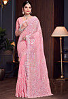Embroidered Georgette Scalloped Saree in Peach