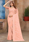 Embroidered Georgette Scalloped Saree in Peach