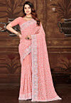Embroidered Georgette Scalloped Saree in Peach