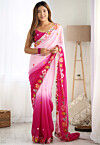 Embroidered Georgette Scalloped Saree in Pink Ombre