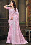 Embroidered Georgette Scalloped Saree in Pink