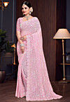 Embroidered Georgette Scalloped Saree in Pink
