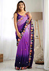 Embroidered Georgette Scalloped Saree in Purple Ombre