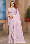 Embroidered Georgette Scalloped Saree in Purple