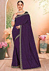Embroidered Georgette Scalloped Saree in Purple