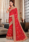 Embroidered Georgette Scalloped Saree in Red