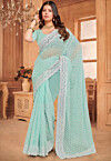 Embroidered Georgette Scalloped Saree in Sea Green