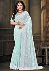 Embroidered Georgette Scalloped Saree in Sea Green