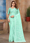 Embroidered Georgette Scalloped Saree in Sea Green