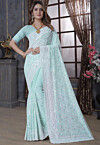 Embroidered Georgette Scalloped Saree in Sky Blue