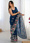 Embroidered Georgette Scalloped Saree in Teal Blue