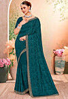 Embroidered Georgette Scalloped Saree in Teal Green
