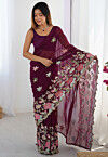 Embroidered Georgette Scalloped Saree in Wine