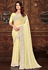 Embroidered Georgette Scalloped Saree in Yellow