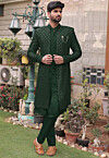 Embroidered Georgette Sherwani in Dark Green