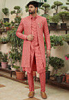 Embroidered Georgette Sherwani in Dark Peach