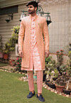 Embroidered Georgette Sherwani in Peach