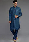 Embroidered Georgette Sherwani in Teal Blue