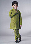 Embroidered Georgette Sherwani Set in Olive Green