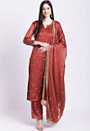 Embroidered Georgette Silk Pakistani Suit in Rust