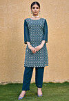 Embroidered Georgette Straight Kurta Set in Teal Blue