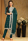 Embroidered Georgette Straight Suit in Teal Green