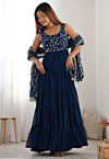 Embroidered Georgette Tiered Abaya Style Suit in Navy Blue