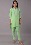 Embroidered Rayon High Low Kurti Set in Green