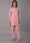 Embroidered Rayon High Low Kurti Set in Light Peach