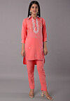 Embroidered Rayon High Low Kurti Set in Peach