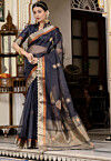 Embroidered Linen Silk Saree in Dusty Blue