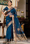 Embroidered Linen Silk Saree in Teal Blue