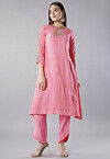 Embroidered Muslin Silk A Line Kurta Set in Pink
