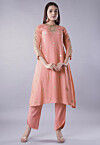 Embroidered Muslin Silk Aline Kurta Set in Peach