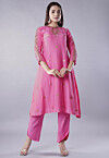 Embroidered Muslin Silk Aline Kurta Set in Pink