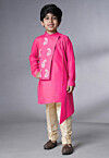 Embroidered Muslin Silk Asymmetric Kurta Set in Fuchsia