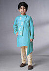 Embroidered Muslin Silk Asymmetric Kurta Set in Sky Blue
