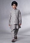 Embroidered Muslin Silk Kurta Set in Grey