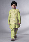 Embroidered Muslin Silk Kurta Set in Olive Green