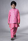 Embroidered Muslin Silk Kurta Set in Pink