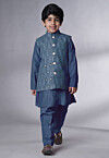 Embroidered Muslin Silk Kurta Set in Teal Blue