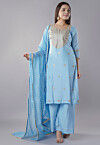 Embroidered Muslin Silk Pakistani  Suit in Sky Blue